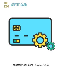 Credit card and gears,settings thin line icon. Minimalistic modern style. Vector illustration