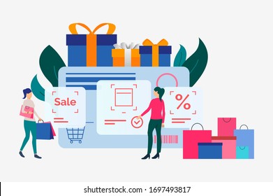 Credit card with gift boxes, bags and customers vector illustration. Online shopping, sale, discounts. Shopping concept. Creative design for website templates, posters, banners