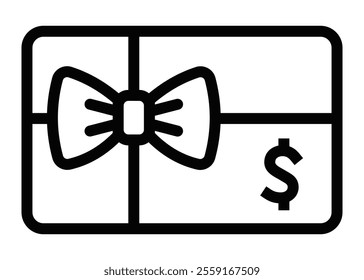 Credit card gift vector icon with bow ribbon. Editable stroke