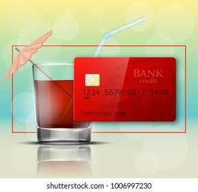 Credit card & glass cold drink alcohol straw banner. Banking card bright soda & umbrella icon. Plastic card software glass of lemonade fruit juice. Debit card bar glass of cocktail fizzy water drink