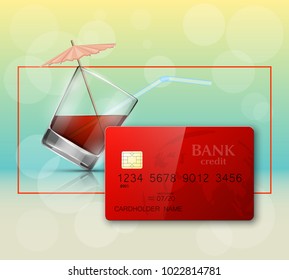 Credit card & glass cold drink alcohol straw banner. Banking card bright soda & umbrella icon. Plastic card software glass of lemonade fruit juice. Debit card bar glass of cocktail fizzy water drink