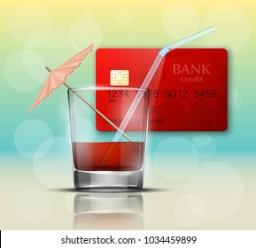 Credit card & glass cold drink alcohol straw banner. Banking card bright soda & umbrella icon. Plastic card software glass of lemonade fruit juice. Debit card bar glass of cocktail fizzy water drink