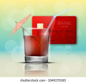 Credit card & glass cold drink alcohol straw banner. Banking card bright soda & umbrella icon. Plastic card software glass of lemonade fruit juice. Debit card bar glass of cocktail fizzy water drink