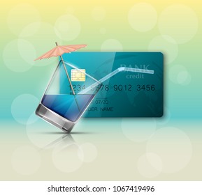 Credit card & glass cold drink alcohol straw banner. Banking card bright soda & umbrella icon. Plastic card software glass of lemonade fruit juice. Debit card bar glass of cocktail fizzy water drink