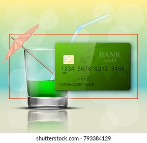 Credit card & glass cold drink alcohol straw banner. Banking card bright soda & umbrella icon. Plastic card software glass of lemonade fruit juice. Debit card bar glass of cocktail fizzy water drink