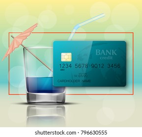 Credit card & glass cold drink alcohol straw banner. Banking card bright soda & umbrella icon. Plastic card software glass of lemonade fruit juice. Debit card bar glass of cocktail fizzy water drink