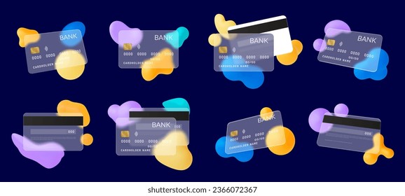 Credit card glassmorphism style. Bank cards blurring effect, transparent frosted glass. 3d colorful abstract shapes, matt plastic pithy vector template