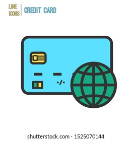 Credit card and globe thin line icon. Minimalistic modern style. Vector illustration
