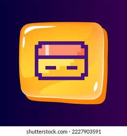 Credit card glossy ui button with pixelated color icon. Payment technology. Banking service. Editable 8bit graphic element on shiny glass rectangle shape. Isolated image for arcade, video game design