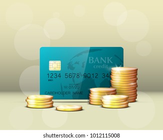 Credit card & gold coins banner. Banking hidden treasures icon. Finance riches icon. Plastic card software wealth badge. Debit card with electromagnetic chip. Privacy Electronic money funds transfer.