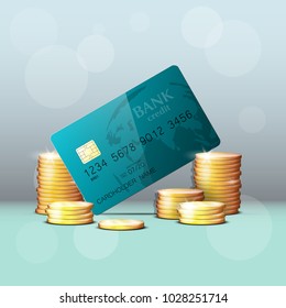 Credit card & gold coins banner. Banking hidden treasures icon. Finans riches icon. Plastic card software wealth badge. Debit card with electromagnetic chip. Privacy Electronic money funds transfer.