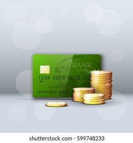 Credit card & gold coins banner. Banking hidden treasures icon. Finance riches icon. Plastic card software wealth badge. Debit card with electromagnetic chip. Privacy Electronic money funds transfer.