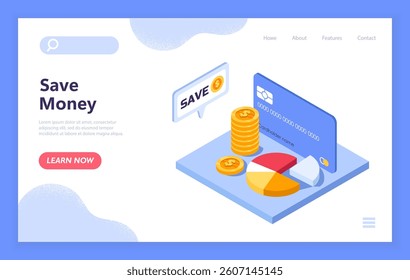 Credit card, gold coins, pie chart, and speech bubble with SAVE on white background, isometric style. Concept of saving money, finance and banking. Vector illustration