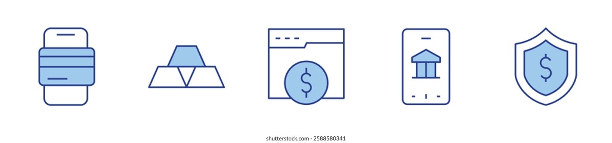 credit card, gold ingots, money, online banking, shield. Banking Icon vector illustration. Line Duotone style. Editable stroke.