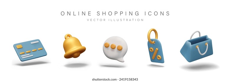 Credit card, golden bell, comment sign, discount label, empty shopping bag