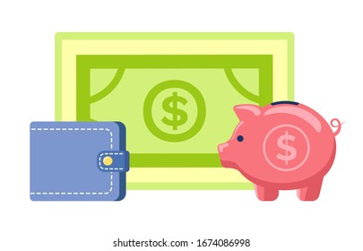 Credit card, golden coins and cash, finance objects, different kind of money, wireless payment with code and circle currency, economy technology vector