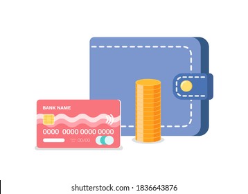 Credit card, golden coins and cash, finance objects, different kind of money, wireless payment with code and circle currency, economy technology vector