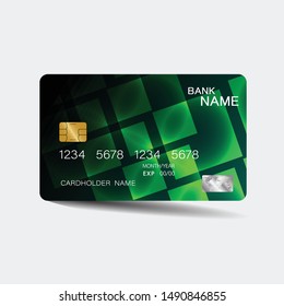 Credit card. With green elements desing. And inspiration from abstract. On white background. Glossy plastic style. 
