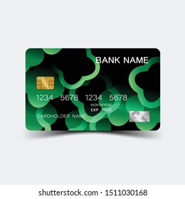 Credit card. With green elements desing. And inspiration from abstract. On white background. Glossy plastic style. 