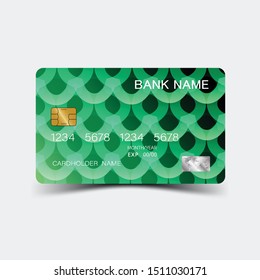 Credit card. With green elements desing. And inspiration from abstract. On white background. Glossy plastic style. 