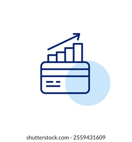 Credit card with growing statistics bars and arrow up. Financial growth and success. Cash back and deposit interest. Pixel perfect, editable stroke icon