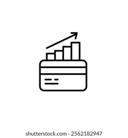 Credit card with growing statistics bars and arrow up. Financial growth and success. Cash back and deposit interest. Pixel perfect vector icon