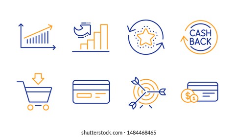 Credit card, Growth chart and Loyalty points line icons set. Target, Online market and Cashback signs. Chart, Payment method symbols. Card payment, Diagram graph. Finance set. Vector