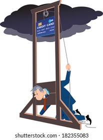 Credit card guillotine. Depressed man lying in a guillotine and releasing a blade in a form of giant credit card