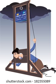 Credit card guillotine. Depressed woman lying in a guillotine and releasing a blade in a form of giant credit card