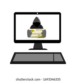 Credit card hacking symbol on a desktop computer screen, a desktop computer on a white background