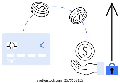 A credit card, hand, coins, arrow, and lock. Ideal for finance, online transactions, security, digital payments, and banking. Clean and minimalistic style complements clear communication of themes