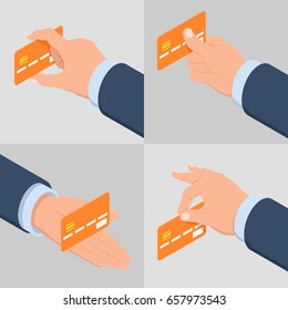 Credit card in hand different variation, hand keep bank credit card isometric flat vector illustration