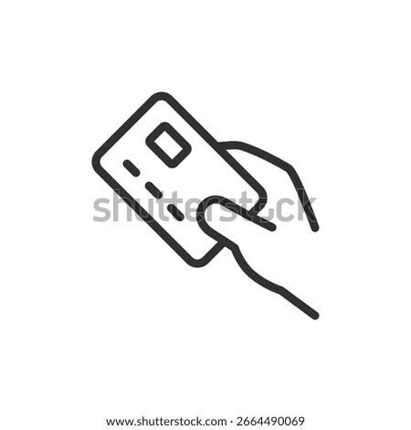 Credit card in hand, linear icon. Payment method and financial transaction. Line with editable stroke.