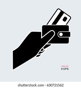 Credit Card in Hand Vector Icon Isolated on Grey Background