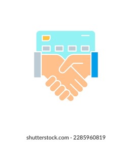 Credit card with handshake, contract agreement, partnership white outline icon. Shopping, online banking, finance symbol design.