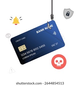 Credit Card Hanging on Fishing Hook Depicting Phishing Attack, Digital Theft, Bank Fraud, and Online Identity Stealing in Cyber World