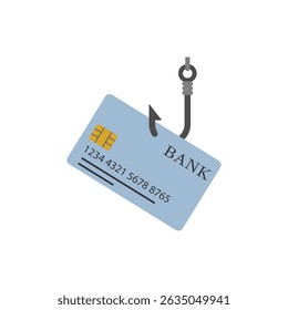 The credit card is hanging on a hook. Fishing hook with  bank card shaped bait.  Vector illustration on white background.