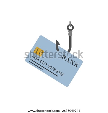 The credit card is hanging on a hook. Fishing hook with  bank card shaped bait.  Vector illustration on white background.