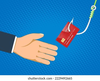 Credit card hangs on a fishing hook. Phishing data from credit cards. Vector illustration