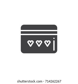 Credit card with hearts icon vector, filled flat sign, solid pictogram isolated on white. Charity symbol, logo illustration