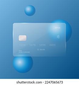 A credit card with highlights and reflections on an abstract blue background. Transparent map in the style of glassmorphism. Vector illustration.