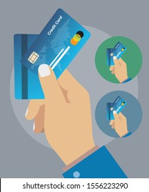 Credit card holded by hand, front and back view