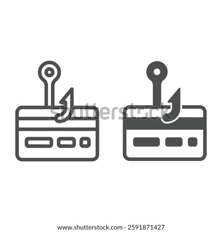 Credit card with hook line and solid icon, hacker attacks concept. Vector graphics. Unsecure fraud trick payment, bank carding sign on white background, outline style icon for mobile or web design