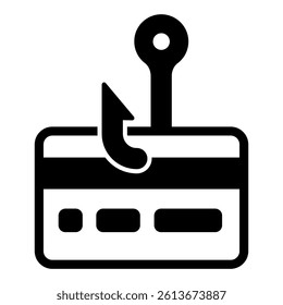 Credit card with hook solid icon, hacker attacks concept. Vector graphics. Fraud trick of payment, banking sign on white background, glyph style mobile or design
