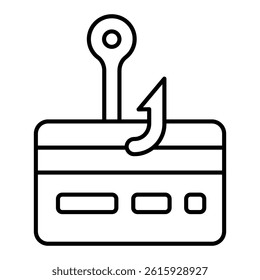 Credit card with hook thin line icon, hacker attacks concept. Vector graphics. Unsecure fraud trick payment, bank carding sign on white background, linear style for mobile or design