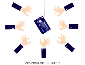 Credit card hooked hook with many hand are scramble isolated on white background.