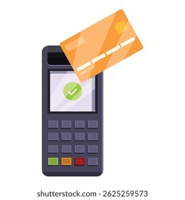 Credit card hovering over pos terminal displaying a green check mark, indicating successful contactless payment