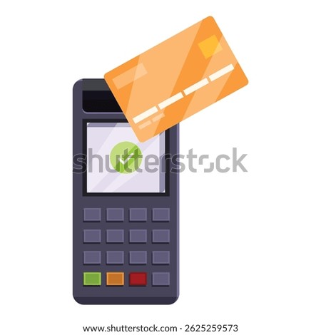 Credit card hovering over pos terminal displaying a green check mark, indicating successful contactless payment
