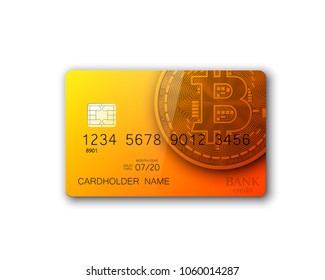 Credit card HUD Golden bitcoin. Digital currency money. Technology credit card bitcoin mining worldwide. Web banner golden bitcoin plastic card. Physical bit coin. Cryptocurrency electronic coin money
