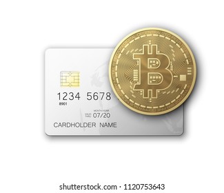 Credit card HUD Golden bitcoin. Digital currency money. Technology credit card bitcoin mining worldwide. Web banner golden bitcoin plastic card. Physical bit coin. Cryptocurrency electronic coin money